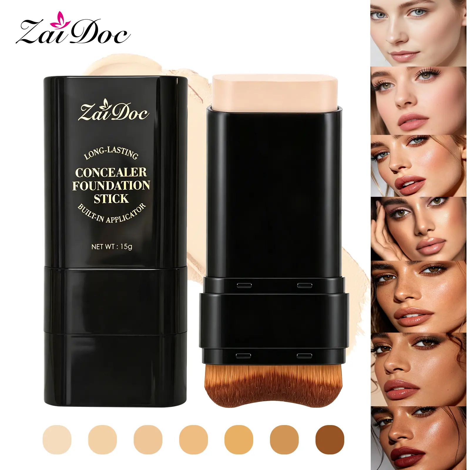 Zaidoc 7-color Dual -Ended Concealer Foundation Stick, 2-in-1 Long-Lasting Foundation and Concealer with Brush, Creamy Full Coverage for Dark Circles & Blemishes, Hydrating Olive & Camellia, 2.09 Oz