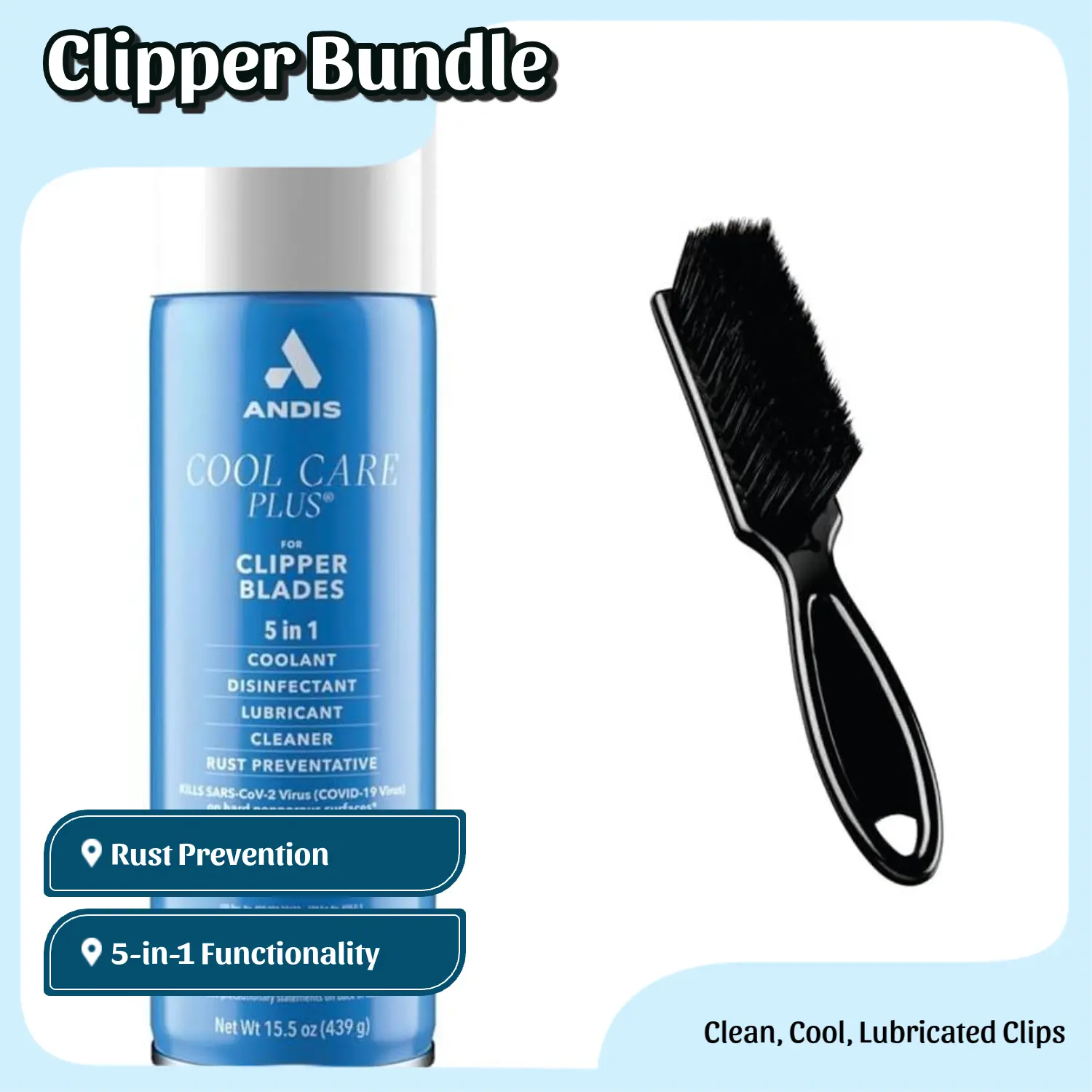 Andis Cool Care Plus 5-in-1 Clipper Care Bundle Set - 15.5 oz Spray with Brush for Cooling, Cleansing, Antibacterial Protection, Rust Preventive, Debris Removal, Coolant, Hair Trimmer Maintenance