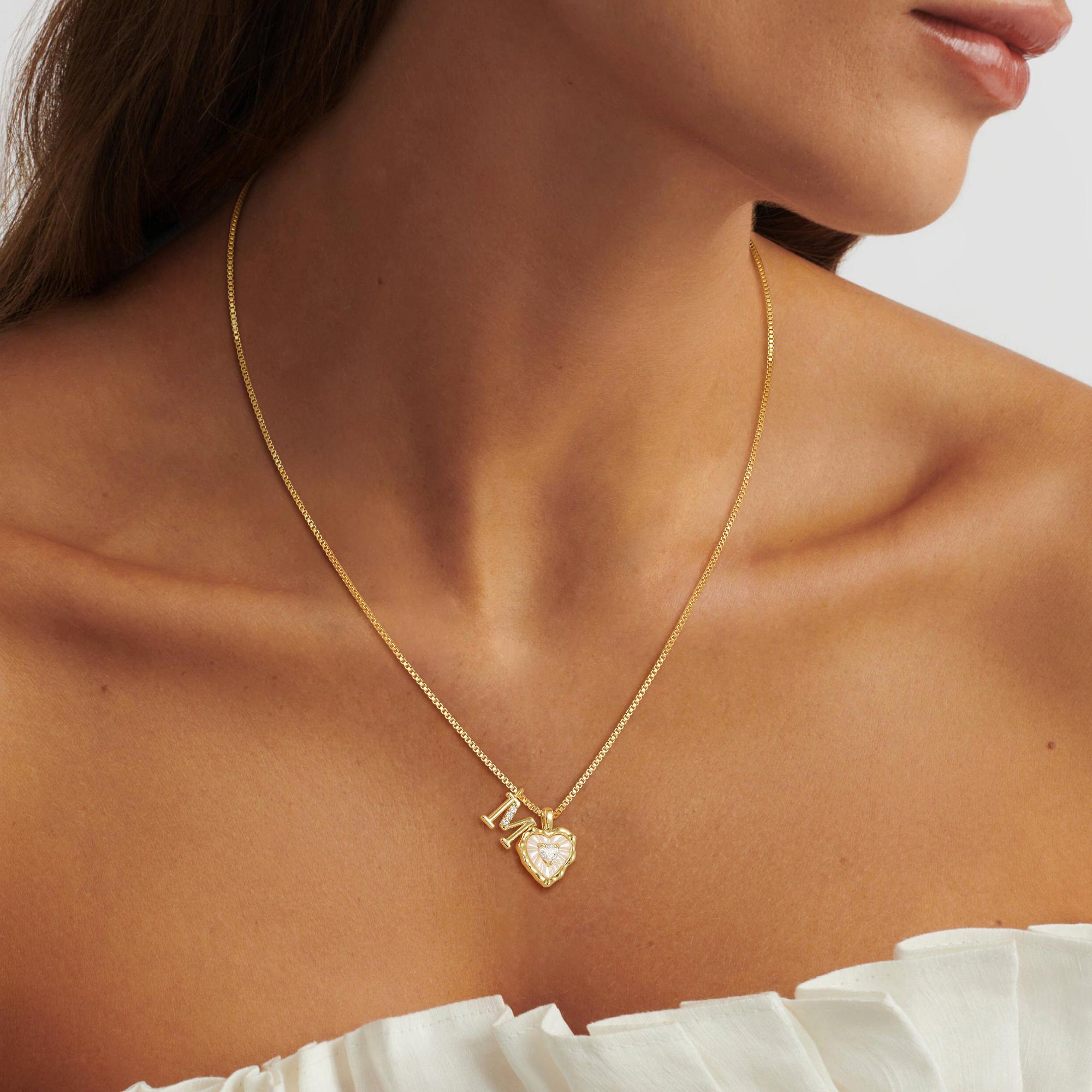 Tewiky Gold Box Chain Scalloped Shell Heart CZ Initial Necklace A–Z Micro Pave Letter Pendant For Valentine's Day gifts