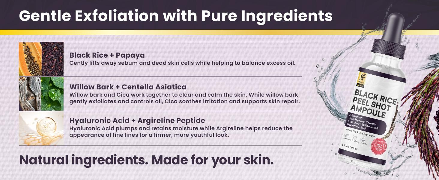 Okaga Natural Black Rice Peel Shot Ampoule - 100% Organic Serums for Brightening, Exfoliating, and Moisturizing - Suitable for All Skin Types