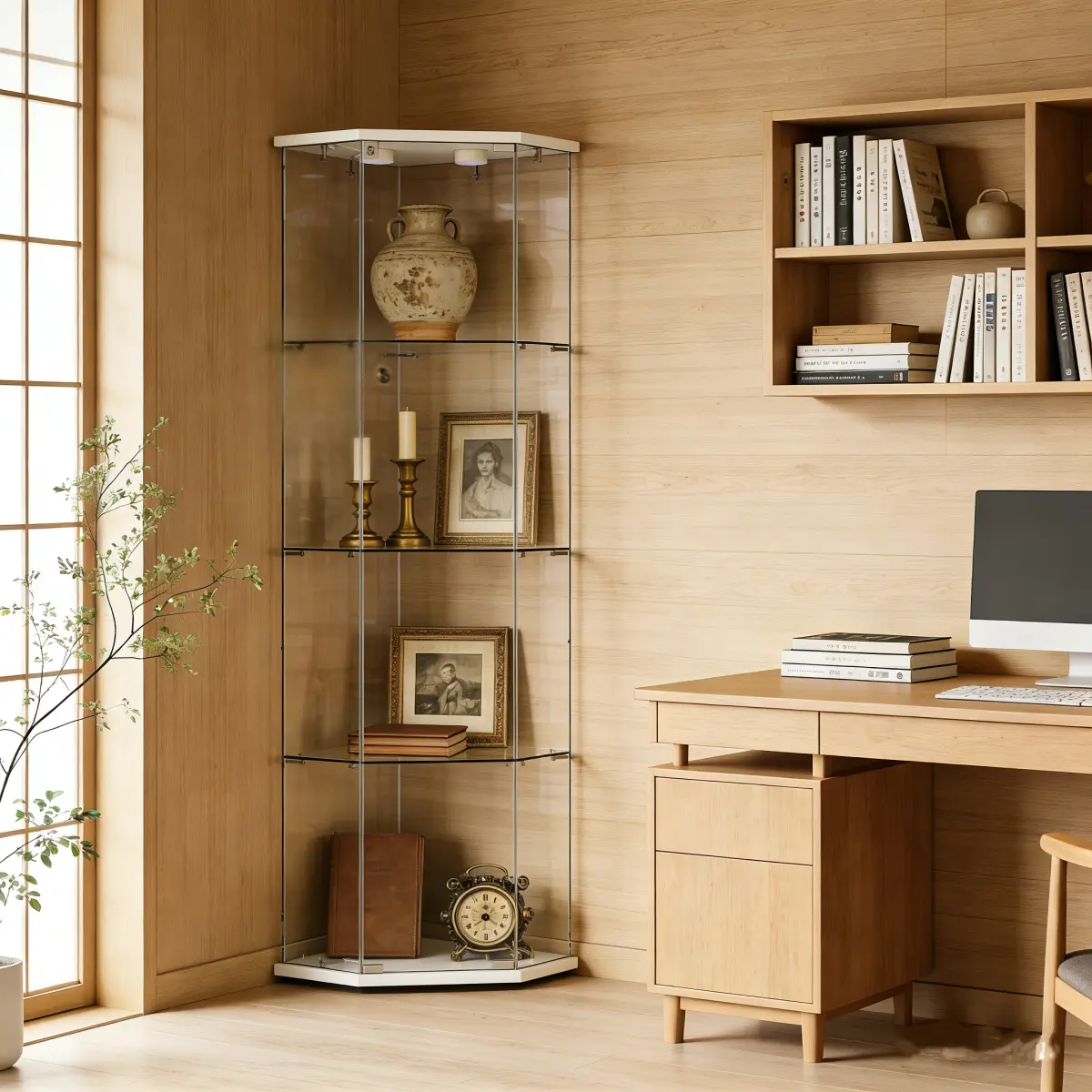 [Bellemave]Tempered glass five-sided display cabinet,corner cabinet,liquor cabinet,with running lights,with locks,bottom equipped Adjustable foot,for various floors,living room,corridor,office, white