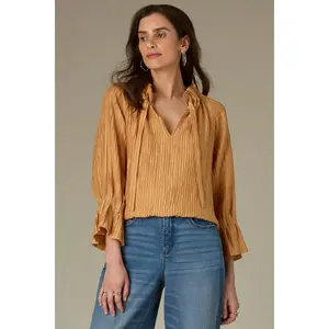 Three Quarter Sleeve Ruched Grosgrain Self Tie Neck Textured Woven Top