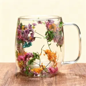 High-quality appearance artificial flower cup, double-layer cup, creative dried flower cup with handle, heat-resistant egg-shaped double-layer petal glass cup