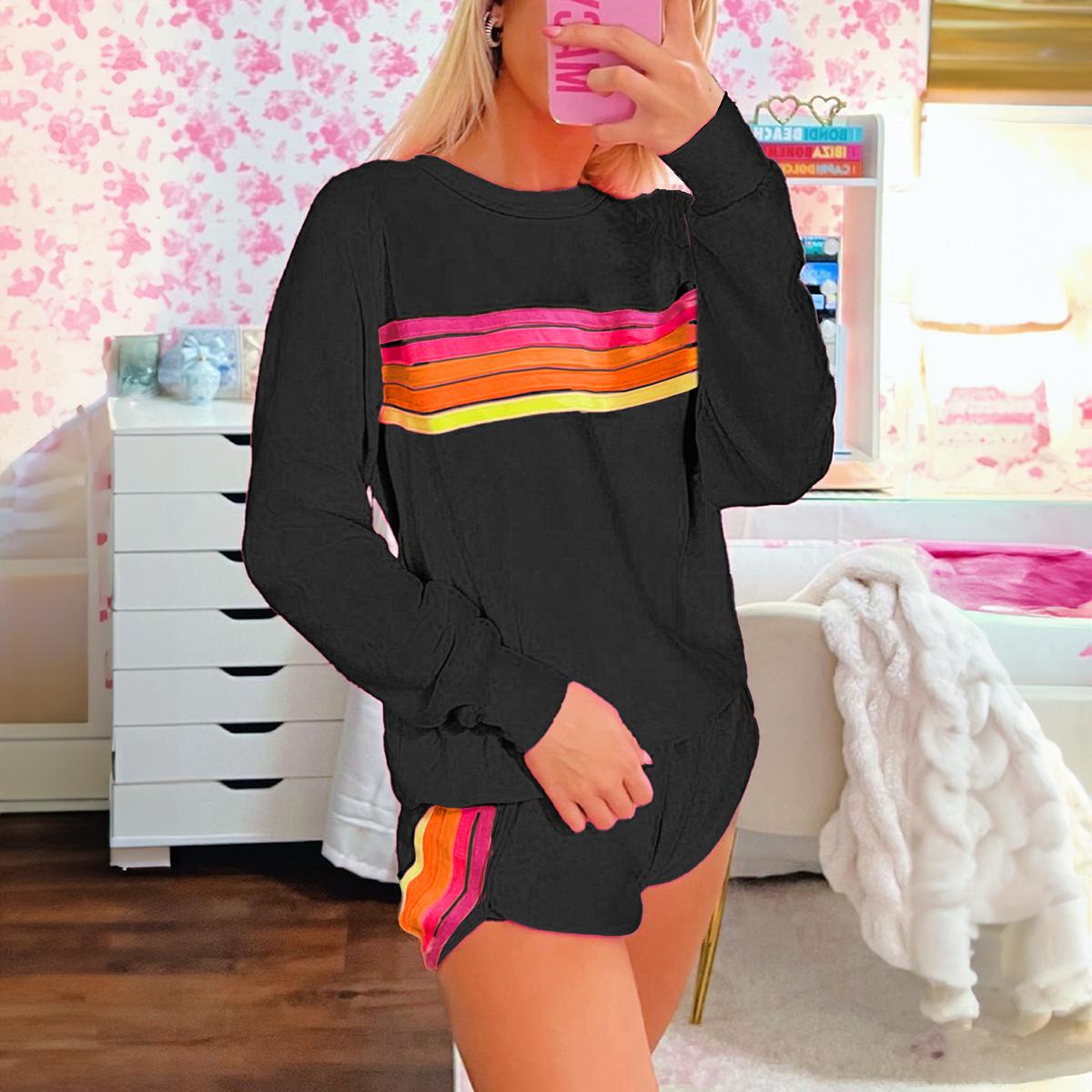 Znacicc Women's  Striped Accent Pullover and Shorts Two Piece Casual  Winteroutfit Set for Comfortable Daily Wear - Clothing, Lounge wear Cute Chic Long Sleeve Crewneck High Waist Womenswear Fitted