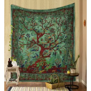 Tapestry Green Tree of Life Wall Hanging Psychedelic Tapestries Indian Cotton Twin Bedspread Picnic Sheet Wall Decor Blanket Wall Art Hippie Bedroom Décor Landscape Retro Swiss, bedroom decor tapestry mens room decor cheap bedroom decor trippy room decor