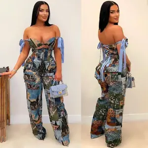 European and American printing oil painting patterns, watch straps, drawstring, multi pocket pants, suits, pajamas, home wear, pajamas, women's clothing, light colors