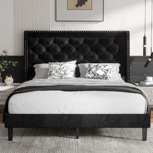 Walsunny Queen Size Bed Frame with 48" Tall Headboard,14" Comfort Wingback ,Upholstered Platform Bed with Button Tufted Storage Headboard,Wood Slats Support,No Box Spring Needed,Black