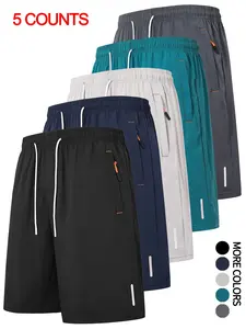 Men’s solid-color drawstring shorts, 5-pack; adjustable waist; regular fit; pockets and zipper; suitable for summer; men’s everyday bottoms