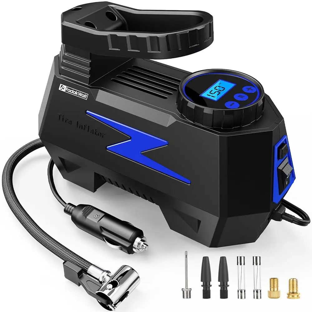 FadakWalt 12V Super Fast Inflation Vehicle Tire Inflator, Portable Digital Air Compressor with Digital Display, LED Light for Night Use, Auto Shut-Off, Extended Cord for Car