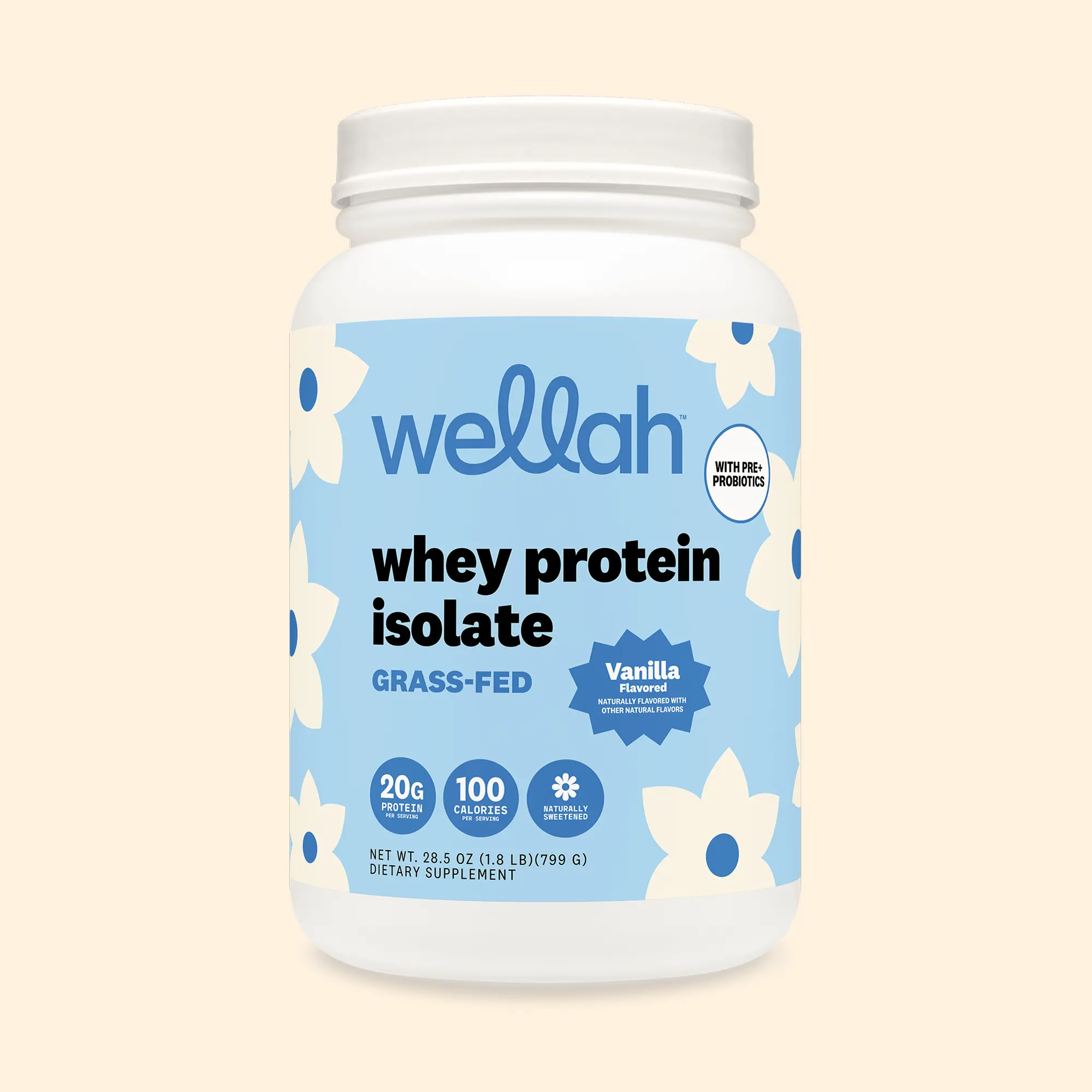 Wellah Grass-Fed Whey Protein + Pre & Probiotics Supplement | 20g Of Whey Protein Isolate With Only 100 Calories | 30 Servings Edible Dietary