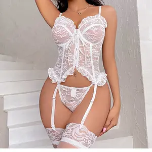 Women’s 3PCS Lace Trim Bustier Babydoll Set, Sexy V Neck Spaghetti Strap Cami Sleepwear with Ruffle Hem & Detachable Garter Straps, Soft Breathable Nightwear for Honeymoon, Bridal & Romantic Nights, Elegant Gift for Her, S-XXL