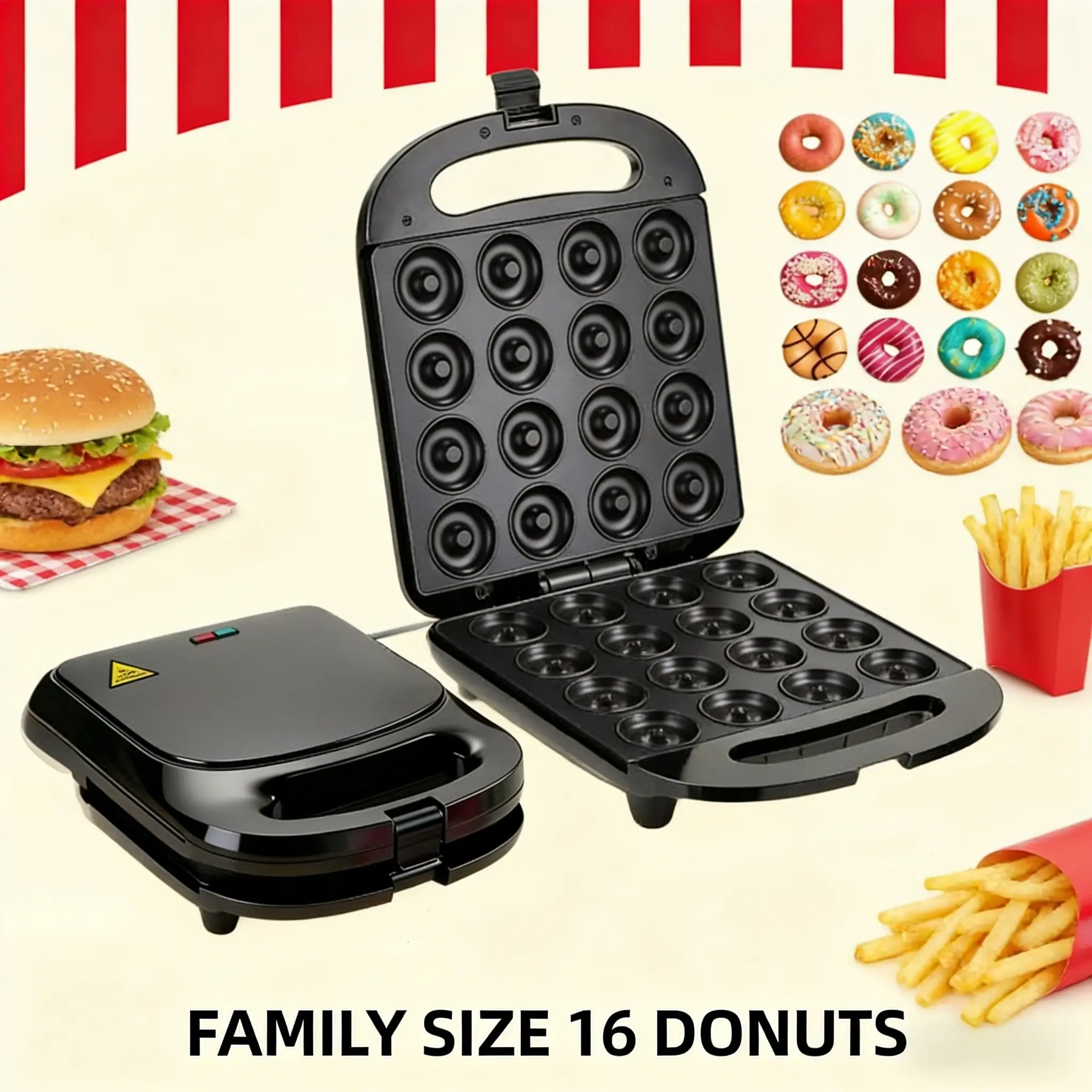 16-Hole Mini Donut Maker Electric Pancake Machine for Home Bakers, 1000W Fast Preheating & Fast Cooking, Non-Stick Coated Baking Tray, Lazy Morning Breakfast Tool, Essential Home Baking Appliance