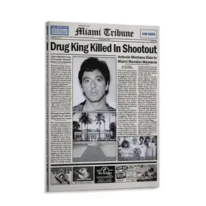 Pacino Tony Montana Newspaper Poster Print Scar Face Trendy Wall Art Canvas Collectible Gift for Movie Enthusiasts High-Quality Solid Wood Frame Waterproof Design
