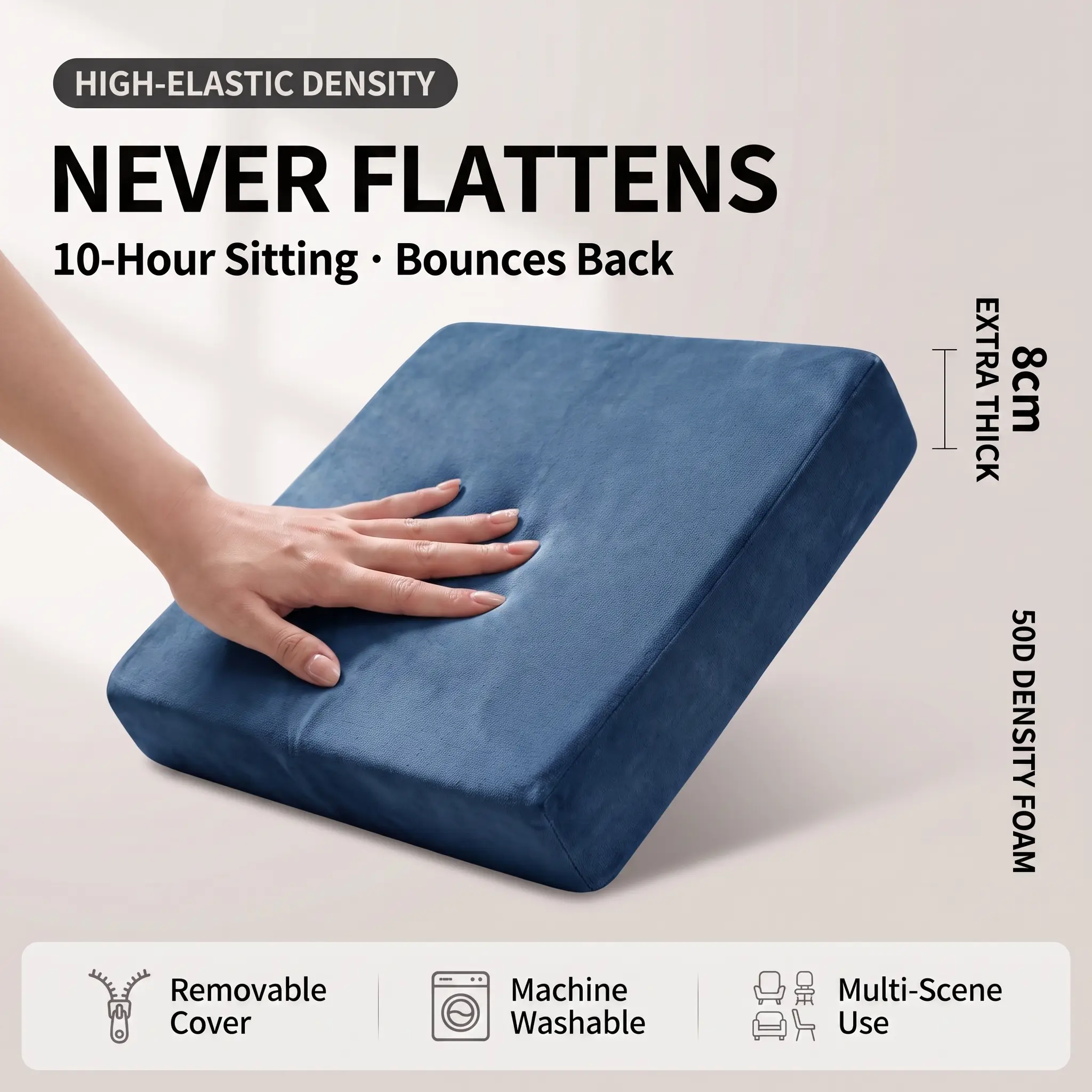 Extra-Thick Slow Rebound Student Hip-Support Cushion, High-Density Foam Seat Cushion & Chair Pad, Removable & Washable, Universal Fit for Office Chair & Car Seat