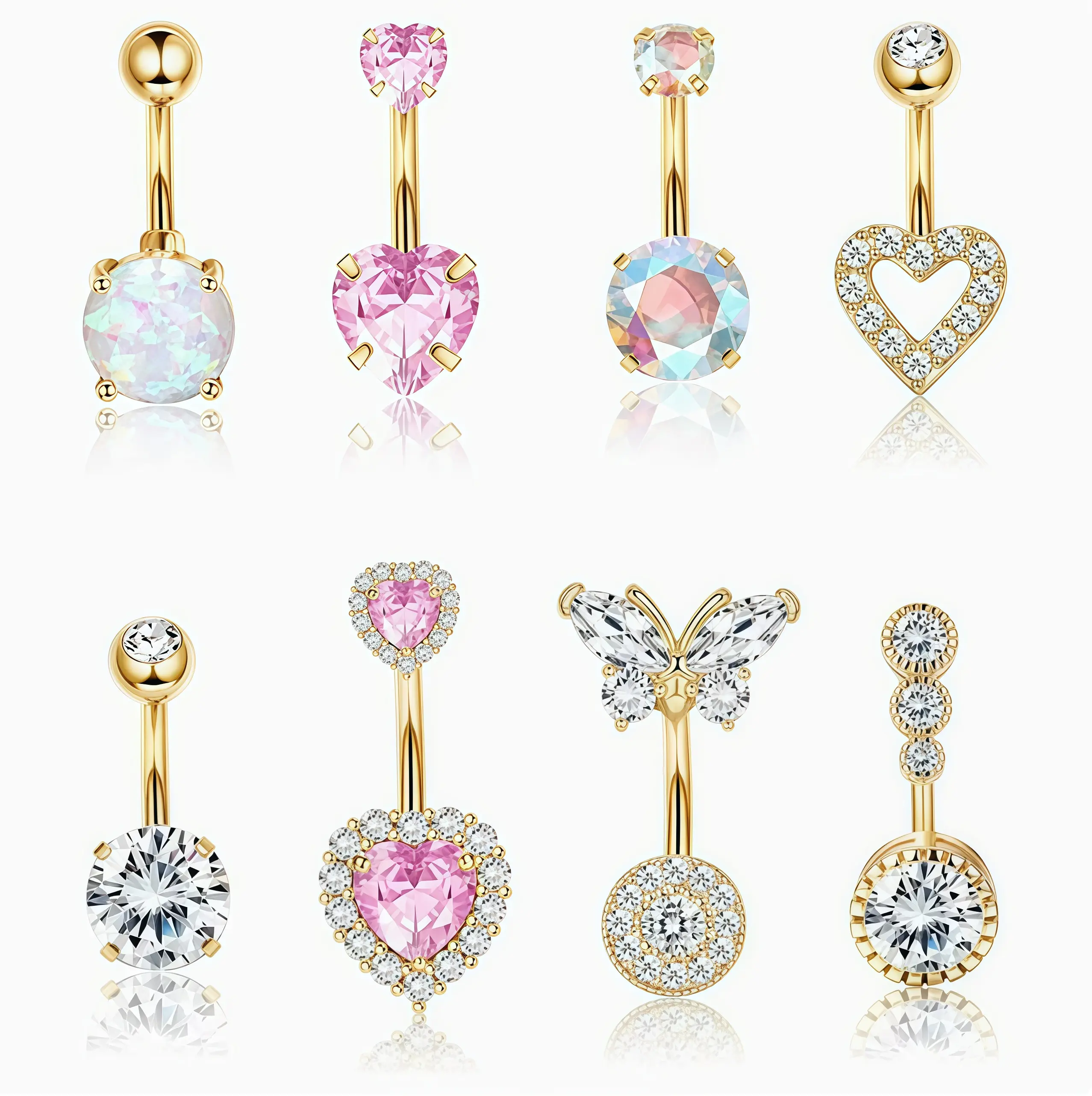 8-Piece Female Belly Piercing Jewelry Set, Cute Gold-Plated Stainless Steel Heart & Butterfly Navel Rings with Multicolor CZ for Party & Daily Wear, Cubic Zirconia, 8Pcs, Beach, Body Jewelry Set, Secure Fit