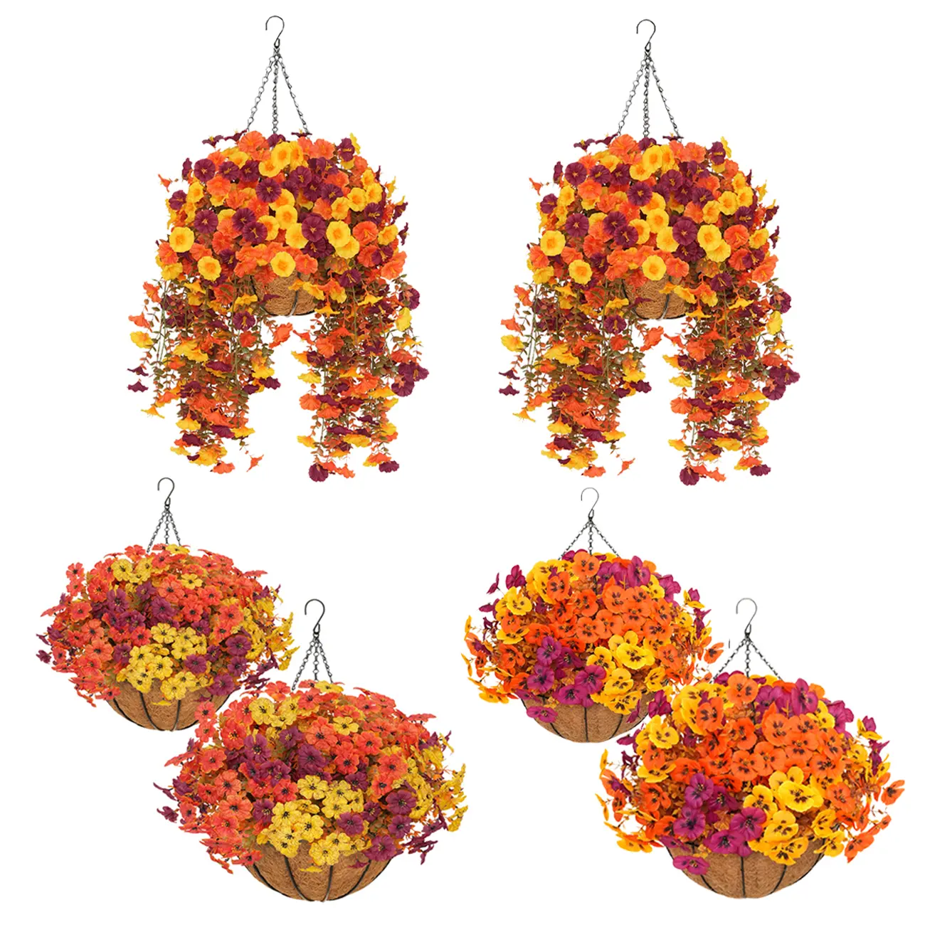 2Pcs Artificial Hanging Flower Baskets for Fall/Autumn, UV Resistant Daisies/Pansies/Trailing Morning Glories Arrangement, No Maintenance Fall Decor for Porch Patio Balcony Yard homeessentials