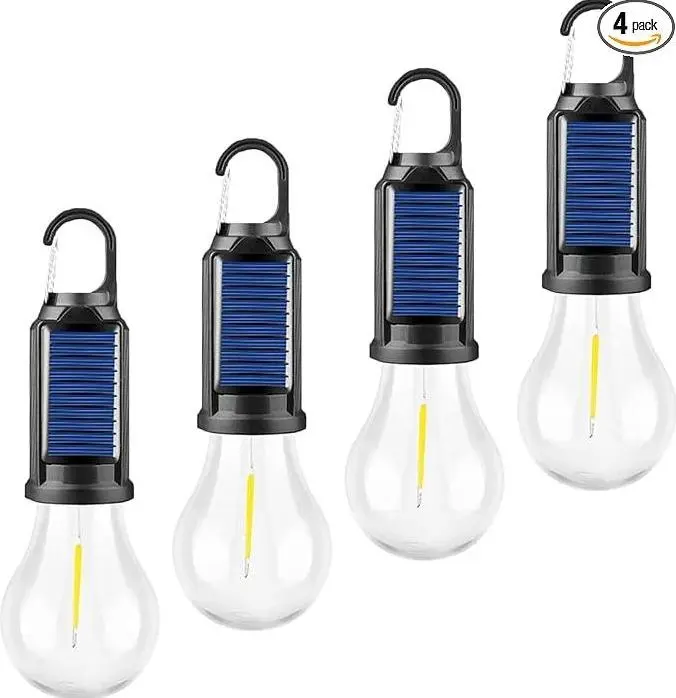 4 Pack Solar Powered Rechargeable LED Hanging Bulb Lanterns - Retro Warm Filament with Hook, Waterproof Solar Outdoor Lights, Blackout Ready Portable Rechargeable LED Lanterns for Camping, Outdoor Lighting Solutions