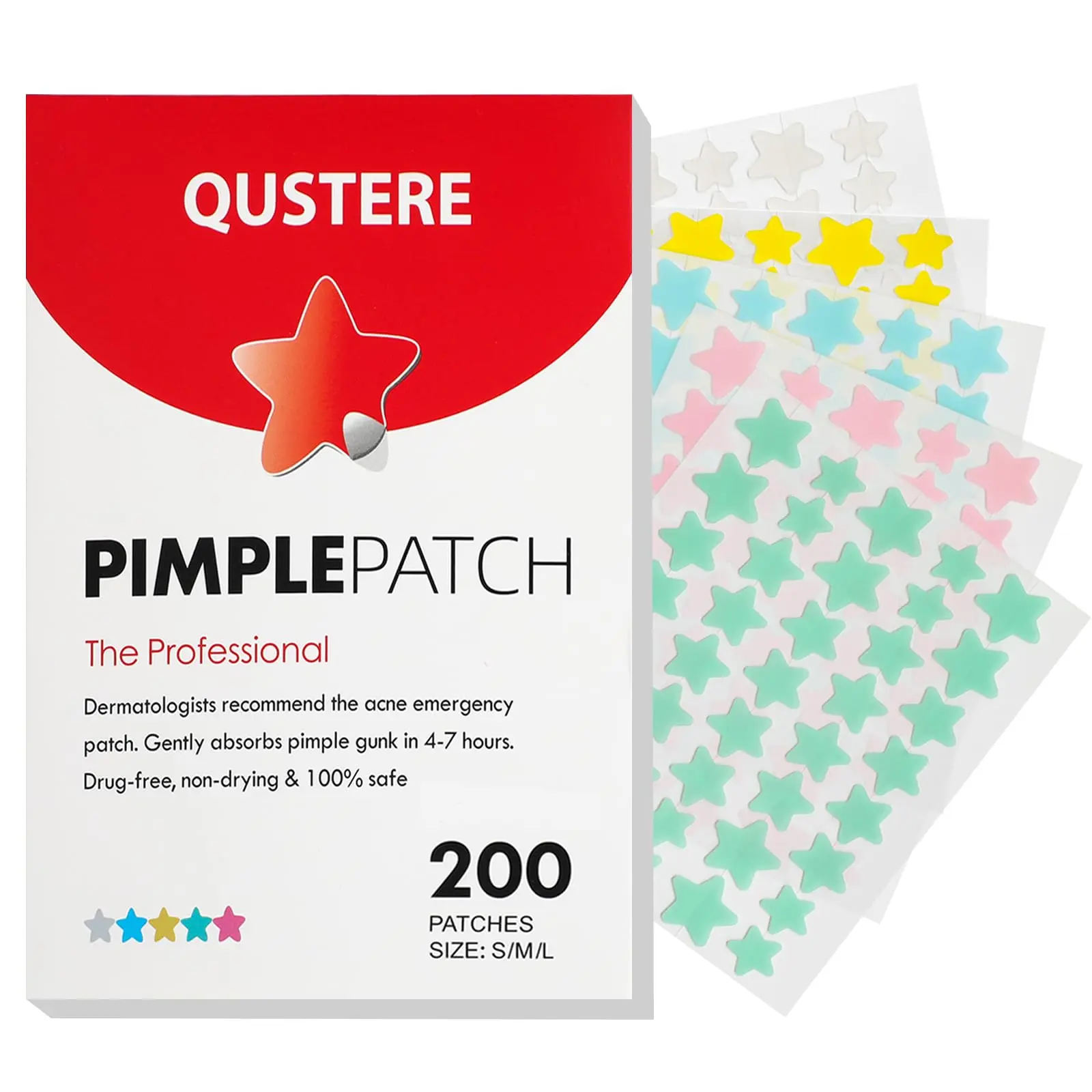 QUSTERE Pimple Patches for Face, Hydrocolloid Acne Patches, Cute Star Zit Covers, Colorful Spot Stickers with Tea Tree, Salicylic Acid & Cica Oil| 3 Sizes (10mm, 12mm & 14mm) |200 Count Skincare Skin Repair tiktokshopbacktoschool