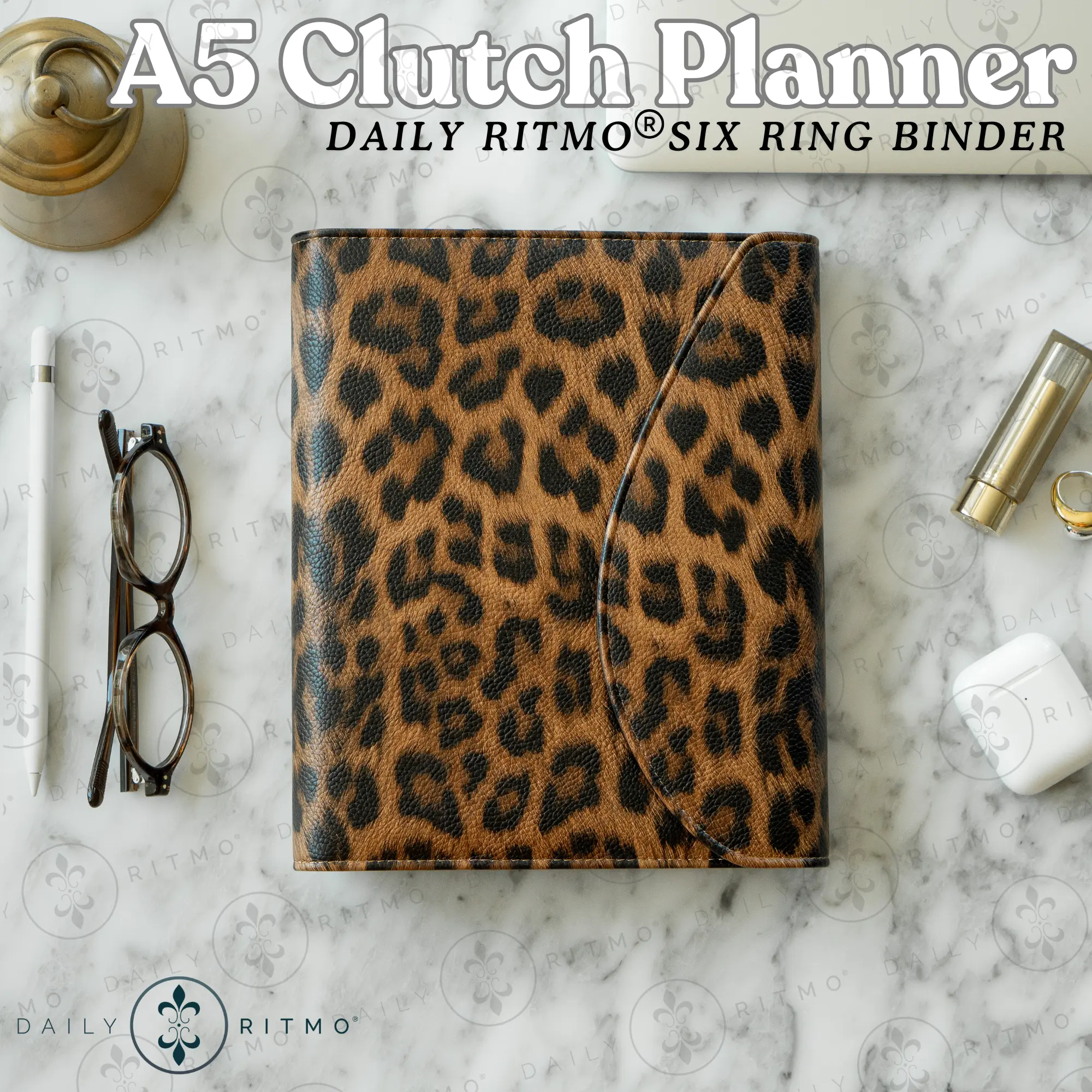 DAILY RITMO A5 Clutch Planner Leopard Print PU Leather 6-Ring 30 mm Rings Binder Cover, All-in-1 Organizer for Entrepreneurs, 160 Planning Pages, Ideal for Students & Teachers, Mother's Day Gift Option