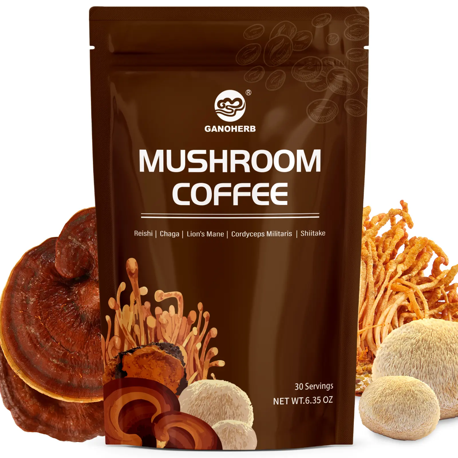 GANOHERB Nutrient Rich Coffee Beverage - Gourmet Instant Arabica Drink Mix, 5 Adaptogen Mushrooms, MCT Oil, Coconut Milk Powder, Smooth 6.35oz (30 Servings) for Energy, Focus, Stress Relief (Adults, Adaptogens Coffee Base)