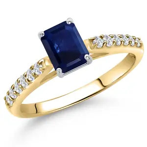 Gem Stone King 10K Two Tone Gold Blue Sapphire and Lab Grown Diamond Engagement Ring For Women | 0.80 Cttw | Octagon 6X4MM | Gemstone September Birthstone