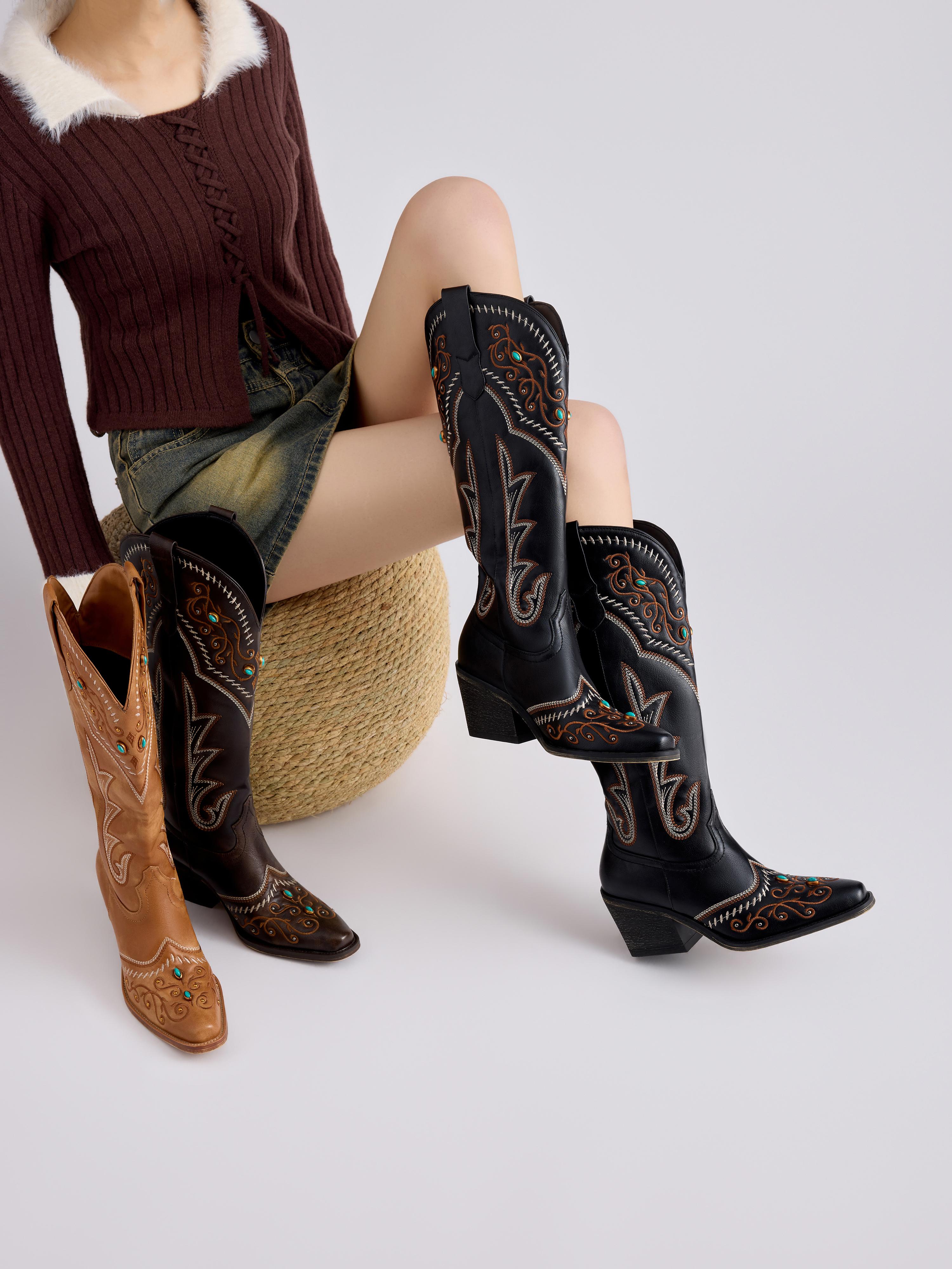 ReneChristine Women's Embroidery Western Cowboy Boots with Studs & Emerald Gemstones, Knee High Wide Calf Cowgirl Boots for Gatherings Weekend Hangouts fur boots knee high boots boots for fall brown boots cowgirl boots Classic wide calf boots SpringStatem