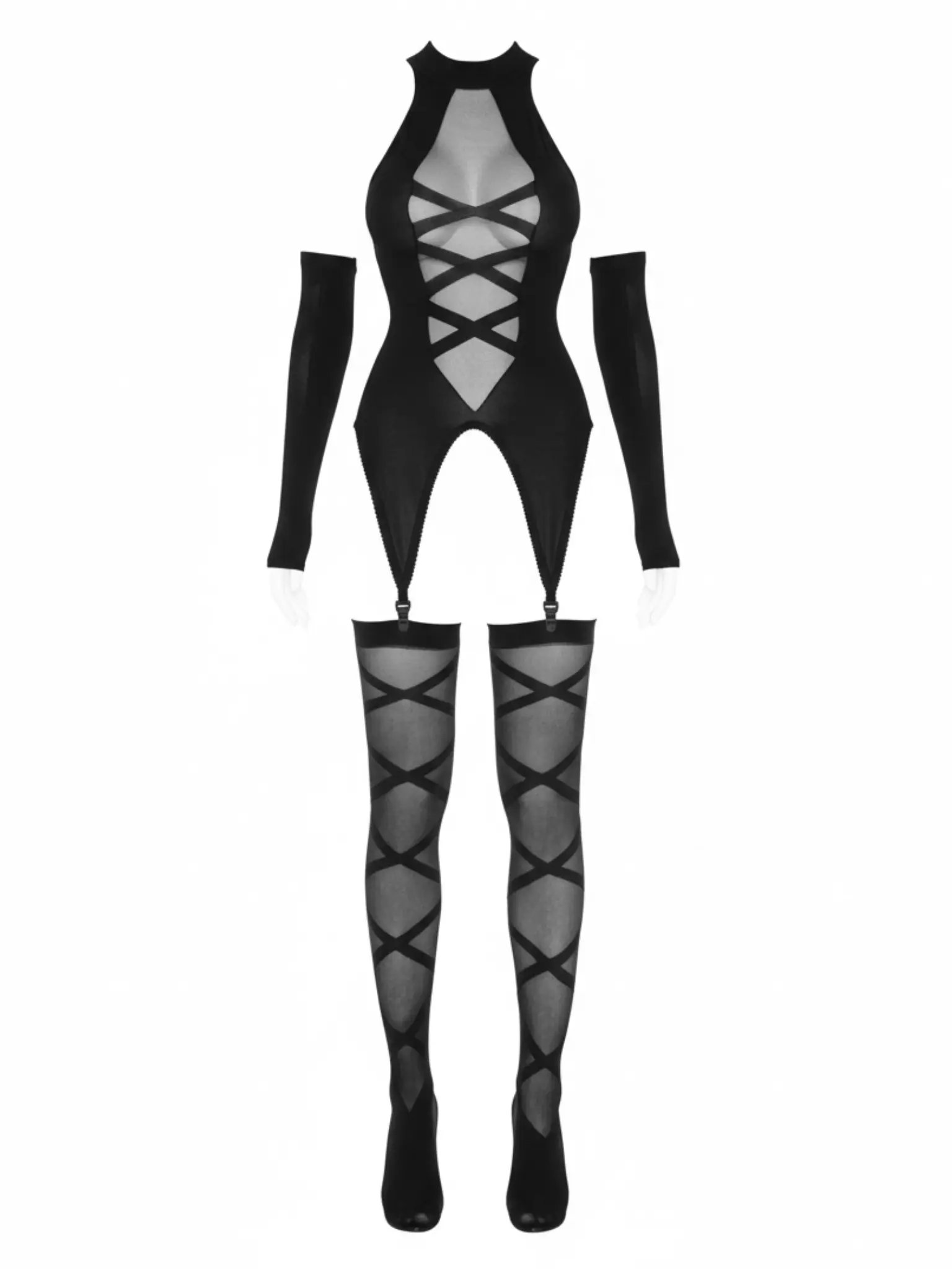 Women's 3-Piece Sexy Lingerie Set with Opaque Stretchy Nylon Cami Garter, Sheer Lace-Up Detail, Matching Thigh High Leg Stockings, and Fingerless Gloves for the Bedroom, Statement, Dress Size 2, Opaque And Sheer