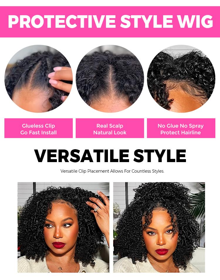 CurlyMe V part Wig Afro Kinky Curly Hair Glueless Wig Pre-plucked - Natural Black Outdoorfun