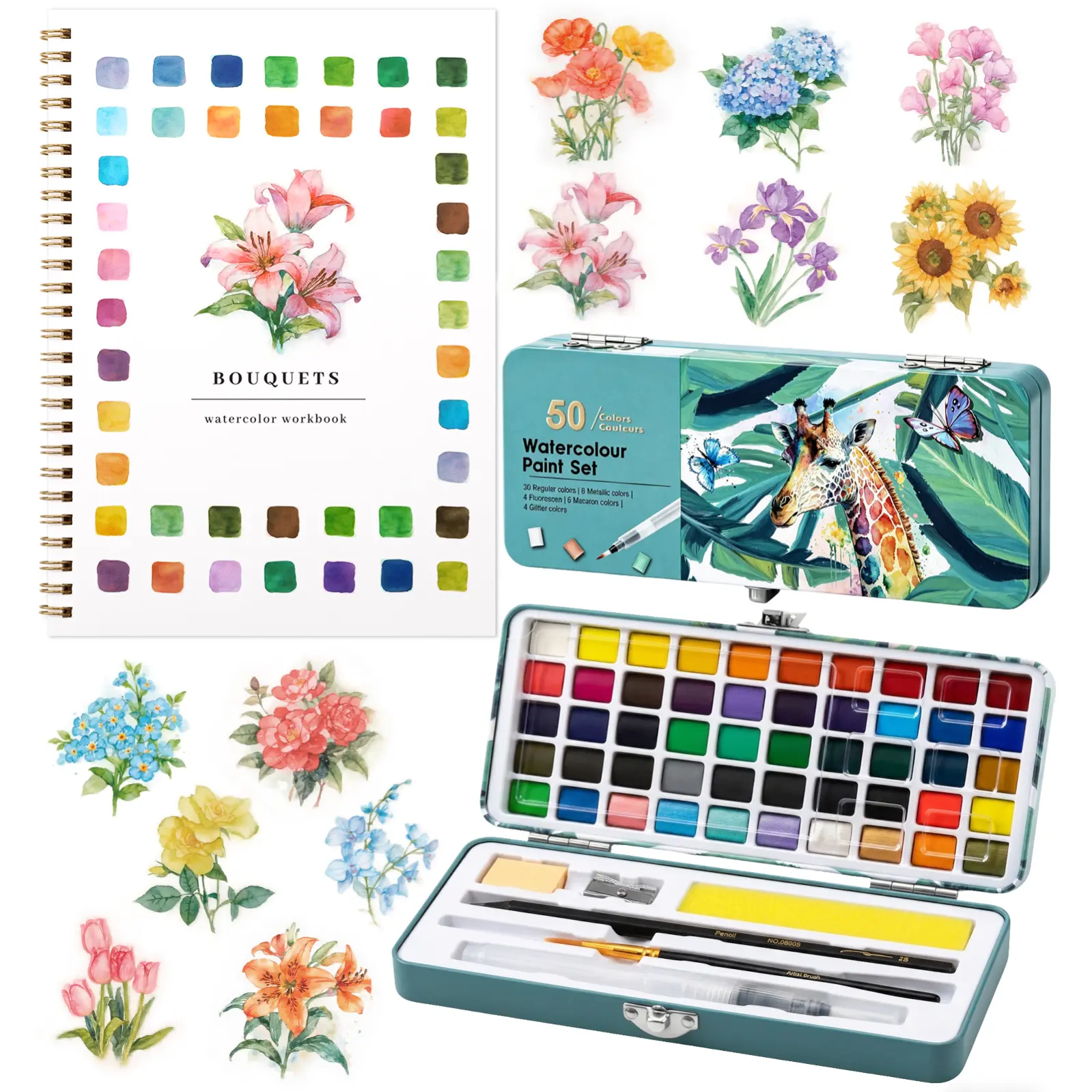 Watercolor Paint Set with Palette and Brush, Watercolor Workbook, Water Coloring Book, 12 Different Patterns of Original DIY Designs, Beginner-Friendly Watercolor Workbook for Bouquet Painting,back to school,back to school haul
