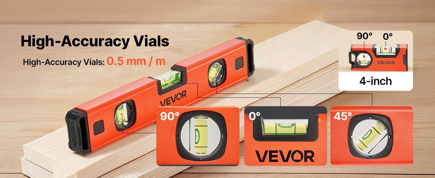【toolupgrade】VEVOR Torpedo Type Level, 4-Piece 4/12/24/40 Inches Magnetic Leveler Tool Set, Aluminum Alloy with 3 Green Vials, Hanging Hole Box Beam for Construction Leveling Jobs on Metal Surfaces