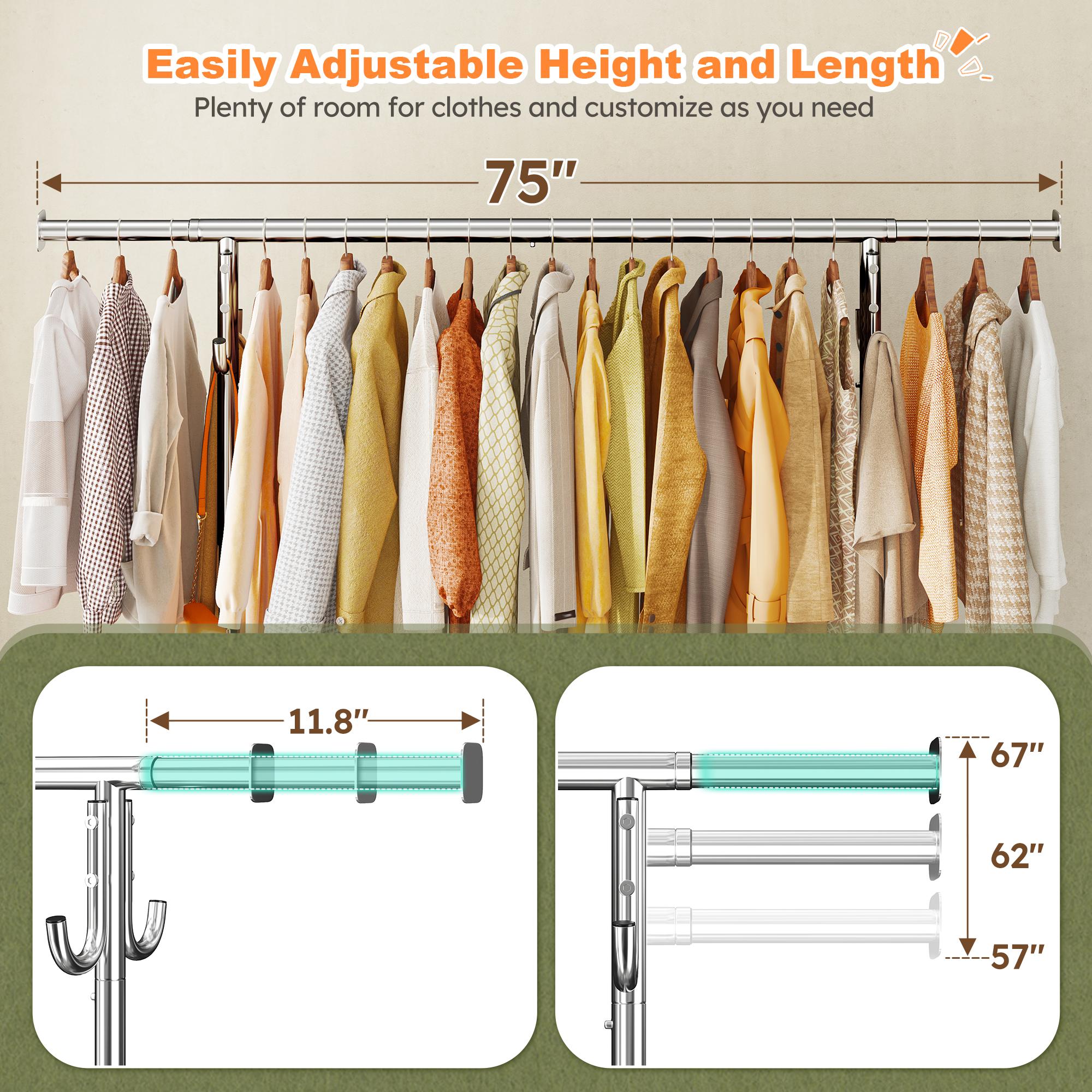 Raybee Clothing Rack with Shelves &Double Hanging Rods, Portable Clothes Rack with Wheels Rolling Garment Rack,  HangingClothing racks Holds Up to 245LBS, Metal Closet Rack, Clothes Organizer Solutions 43.3"Wx22"Dx70.3"H