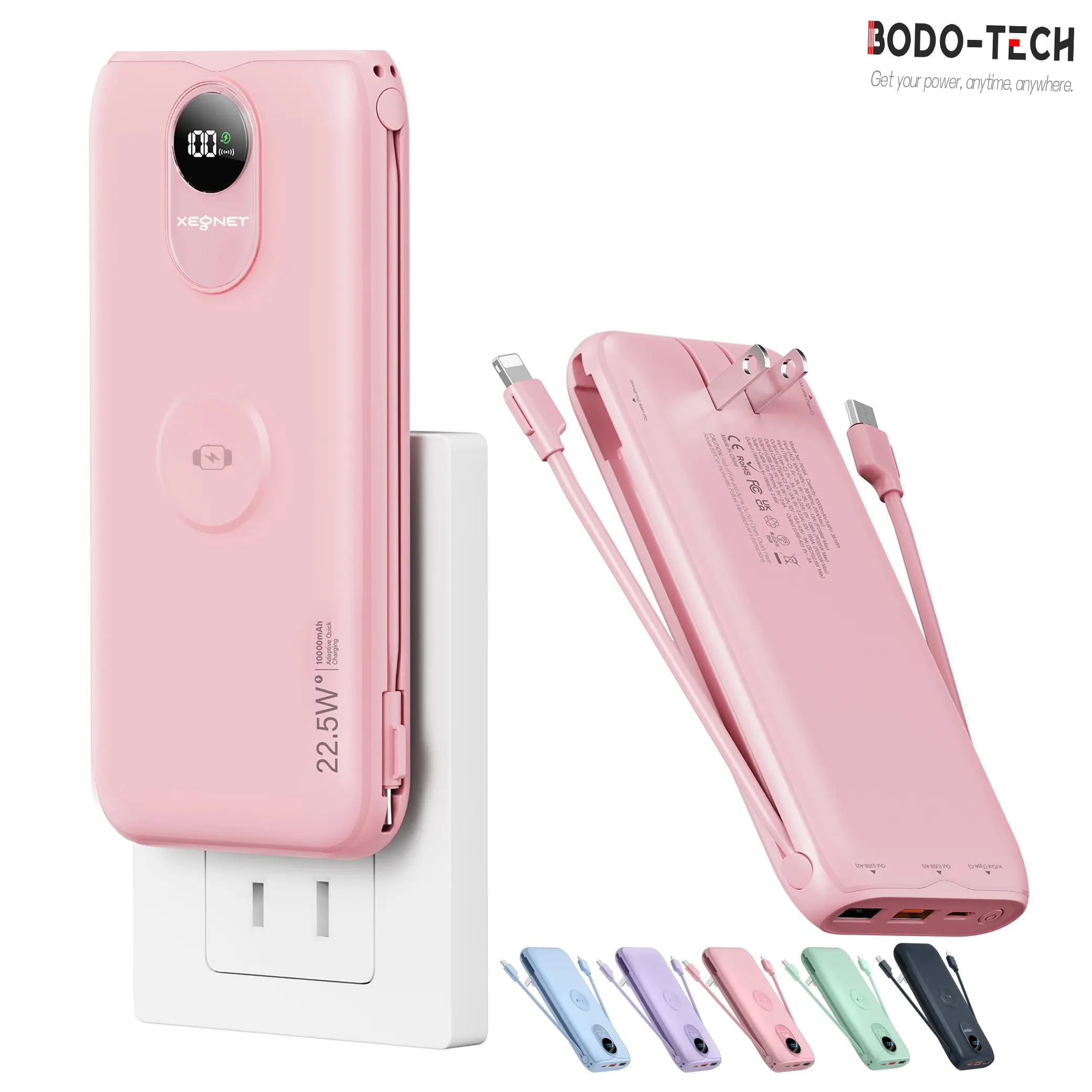 Bodo-Tech 10000mAh Power Bank Built in Cables Lightning&USB-C,AC Plug Portable Charger,Wireless Charger for watch,22.5W Fasting Charging for iPhone,Android Phones,Chargeable External Battery Pack for Travel,Camping, Pink Smartphone Power Bank Charger