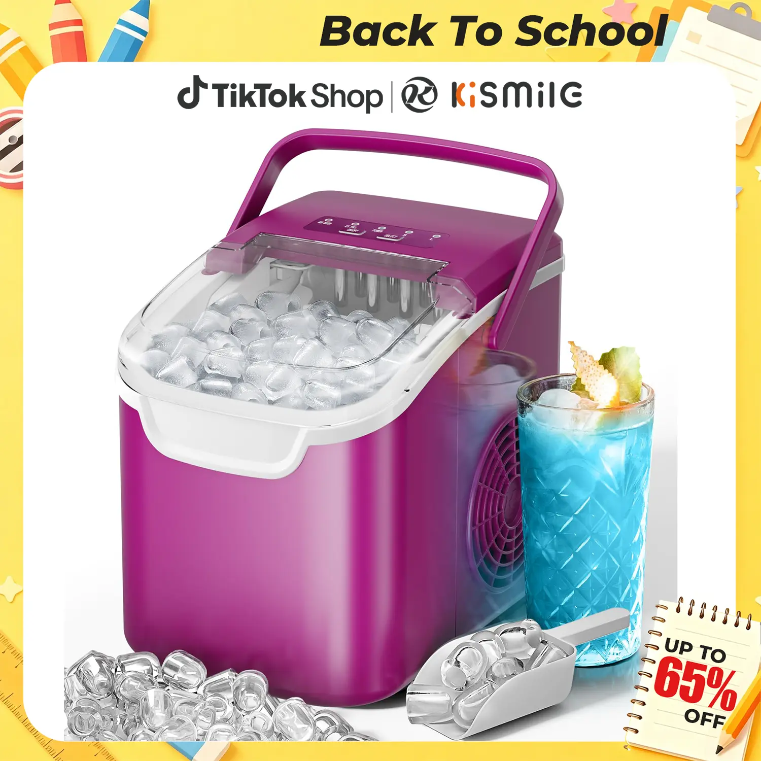 Back To School — Kismile Countertop Icemaker with Handle - Bullet Ice Making Machine, 8 Cubes in 6 Mins, Portable Self-Cleaning Ice Machine for Home/Office (Purple)