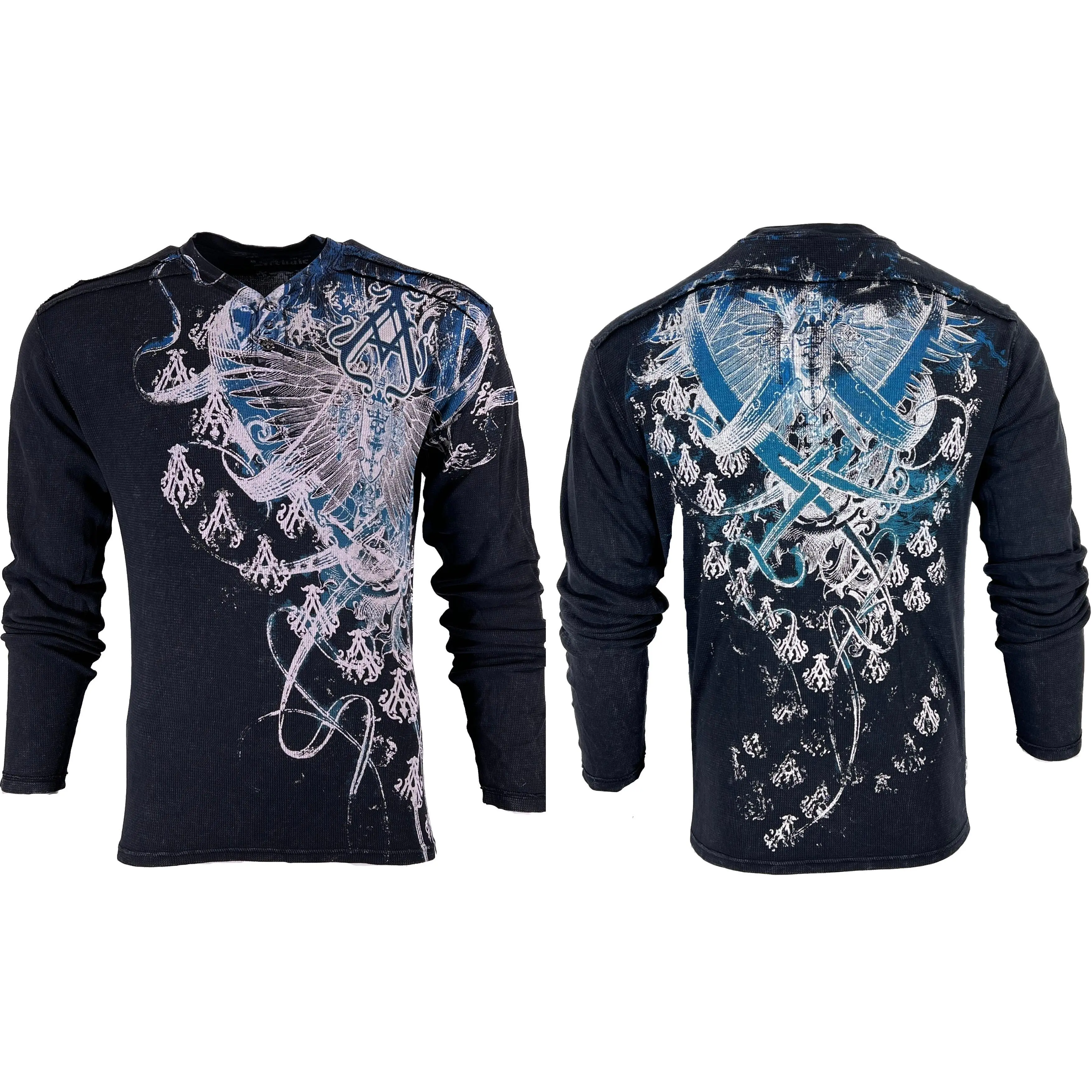 Archaic by Affliction Men's Cotton Graphic Thermal Shirt - Woodcuts Design, Black, Round Neck, Casual, Printed Front/Back, Long Sleeves, Slim-Fitting, All Seasons, Cold Wash, Pull-On Top