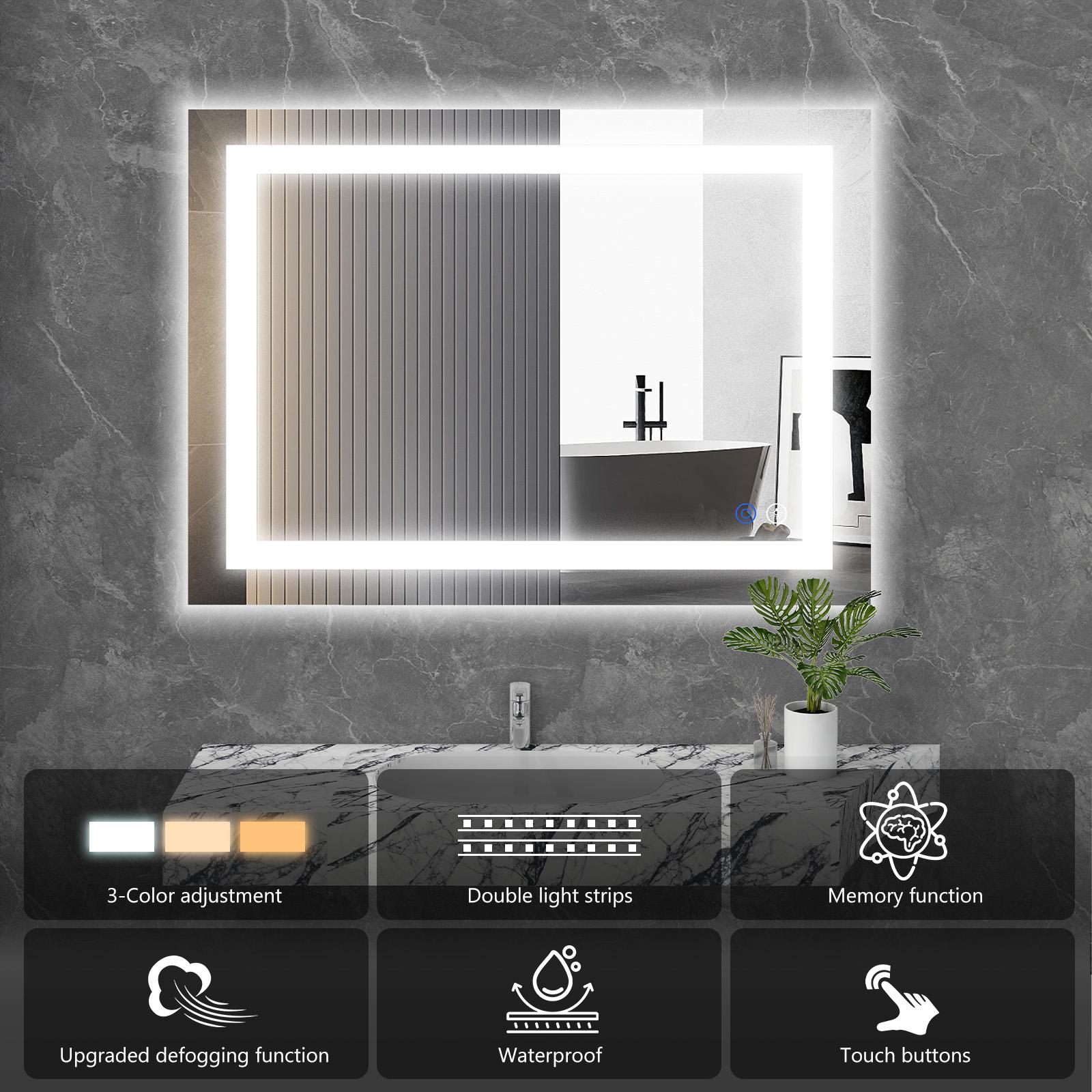 Bathroom Vanity Mirror - Anti-Fog, Dimmable Rectangle Mirror with Front & Backlight, Smart Memory Function, Tempered Glass