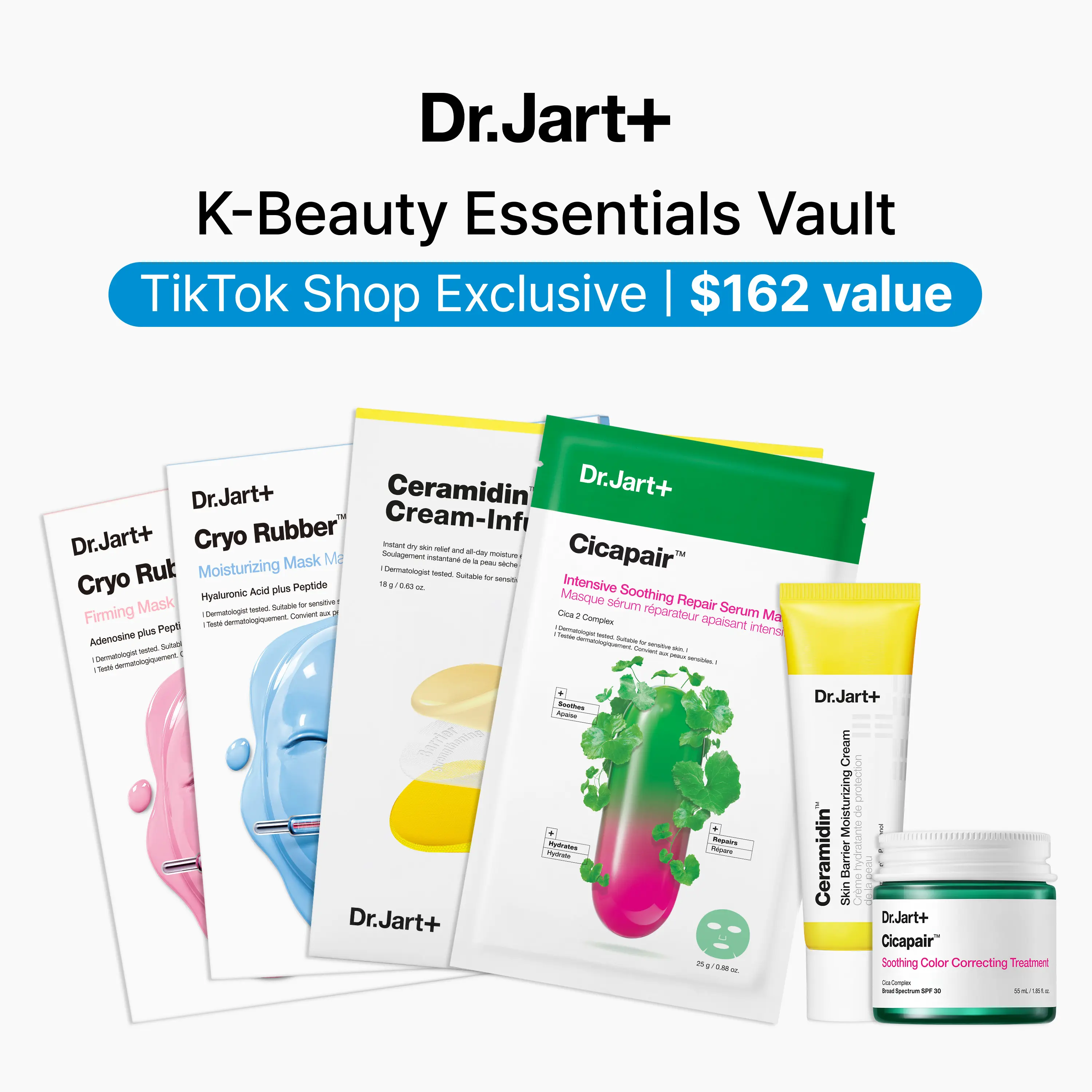 Dr.Jart+ Korean Skincare Value Set | Ceramidin Barrier Cream + Cicapair Instant Redness Color Corrector SPF 30 + Cryo Rubber Masks | Hydrating, Soothing, Redness Repair K-Beauty Bundle Gift Set