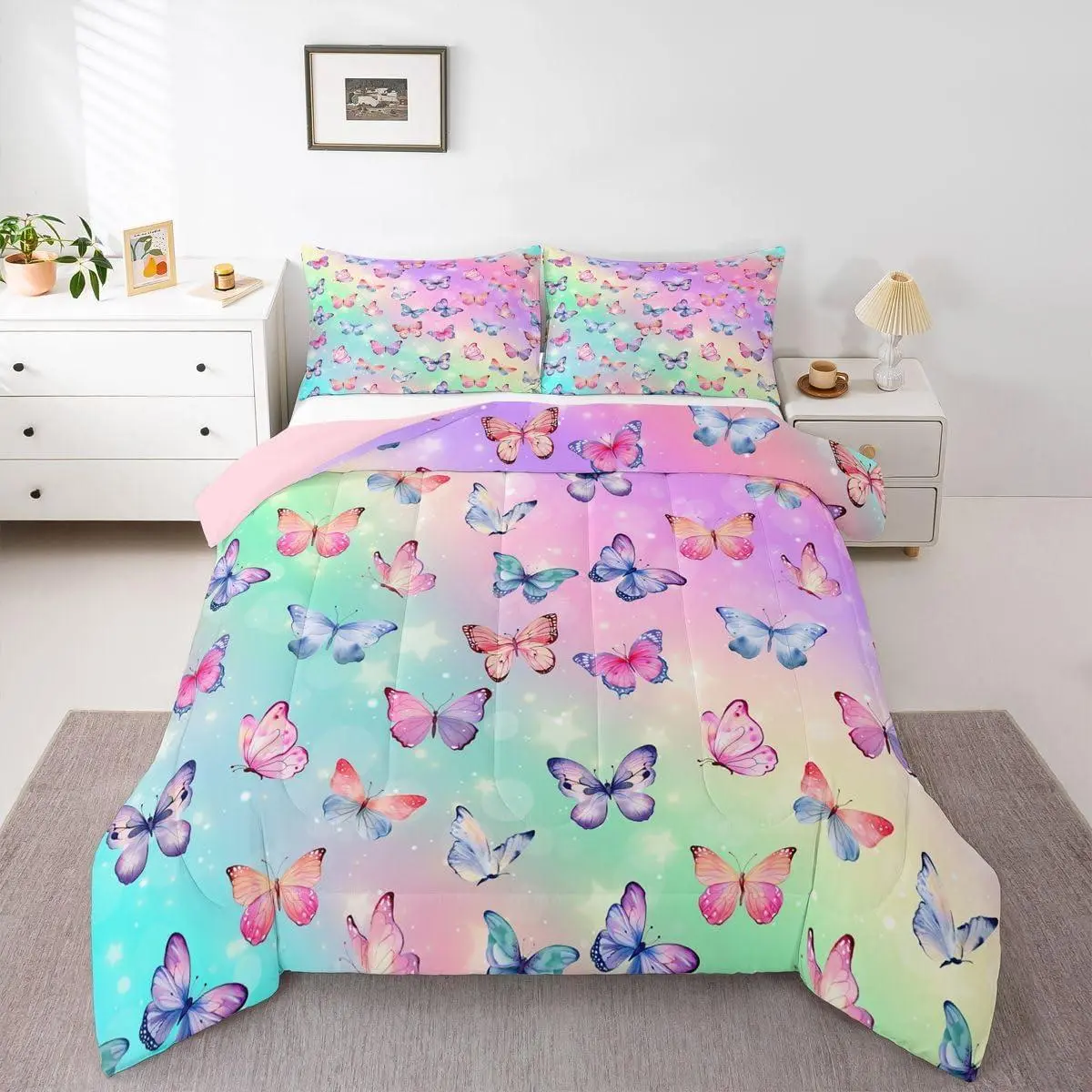 Butterfly Bedding Set,- Pink Blue Butterfly Comforter Set,for Kids Girls,Purple Rainbow Colorful Gradient Bed Set,Kawaii Butterflies Room Decor