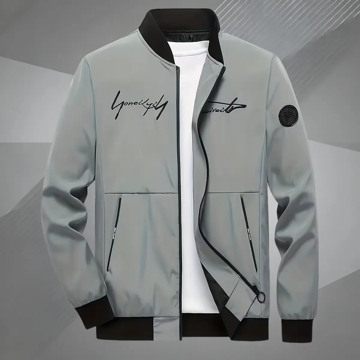 Menswear Embroidered Varsity Bomber Jacket with Stand Collar, Street Fashion Outerwear, Casual Long Sleeve Tops, Coats, Stylish Street Fashion