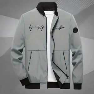 Menswear Long Sleeve Embroidered Letter Stand-Collar Bomber Jacket, Stylish Street Fashion Outerwear with Element Patch Design, Suitable for Hiking, Camping, Commuting