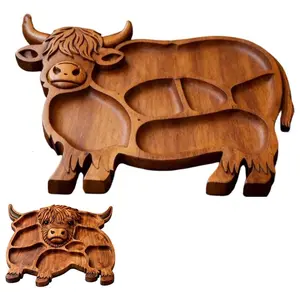 Highland Cow Wooden Charcuterie Board, Rustic Farmhouse Serving Board Made from Natural Solid Wood with Compartments for Cheese, Meat, Fruit - Snacks