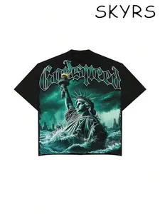 [SKYRS] (180 Pure Cotton T-Shirt) Y2K Style Free Girl Portrait Graphic And "Godspeed" Letter Print Men's Summer Round Neck Short Sleeve Casual Cotton