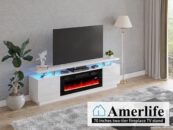 [Ships in 2 Boxes] [Spring Sale] AMERLIFE Fireplace TV Stand for Living Room, Modern High Gloss Entertainment Center with LED Lights, 2 Tier Storage Cabinet/Remote Control/Colorful Flame/Energy Efficient/Best Gift Ideas/Christmas Gifts