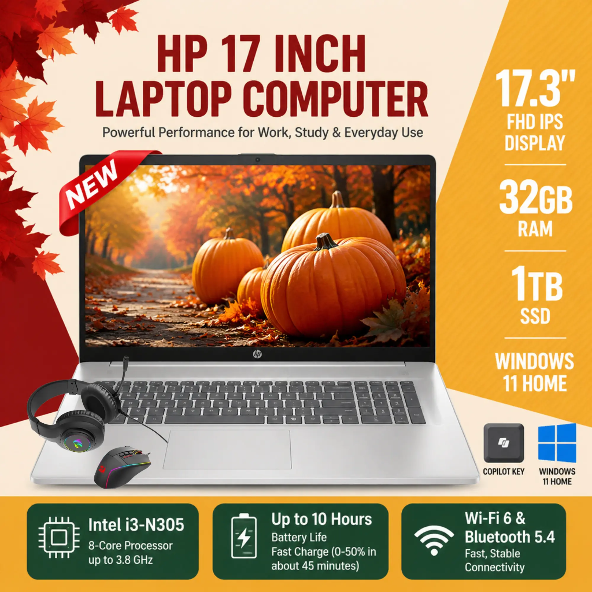 HP 17.3" FHD IPS Display Full HD Laptop, 8-Core Intel i3-N305, Up to 32GB RAM, 1TB SSD, Windows 11 Home, Fast Charge, WiFi 6, Bluetooth 5.4, HD Webcam, Built-in Li-ion Battery, D1523, Bundle Accessories Included, for Students & Business