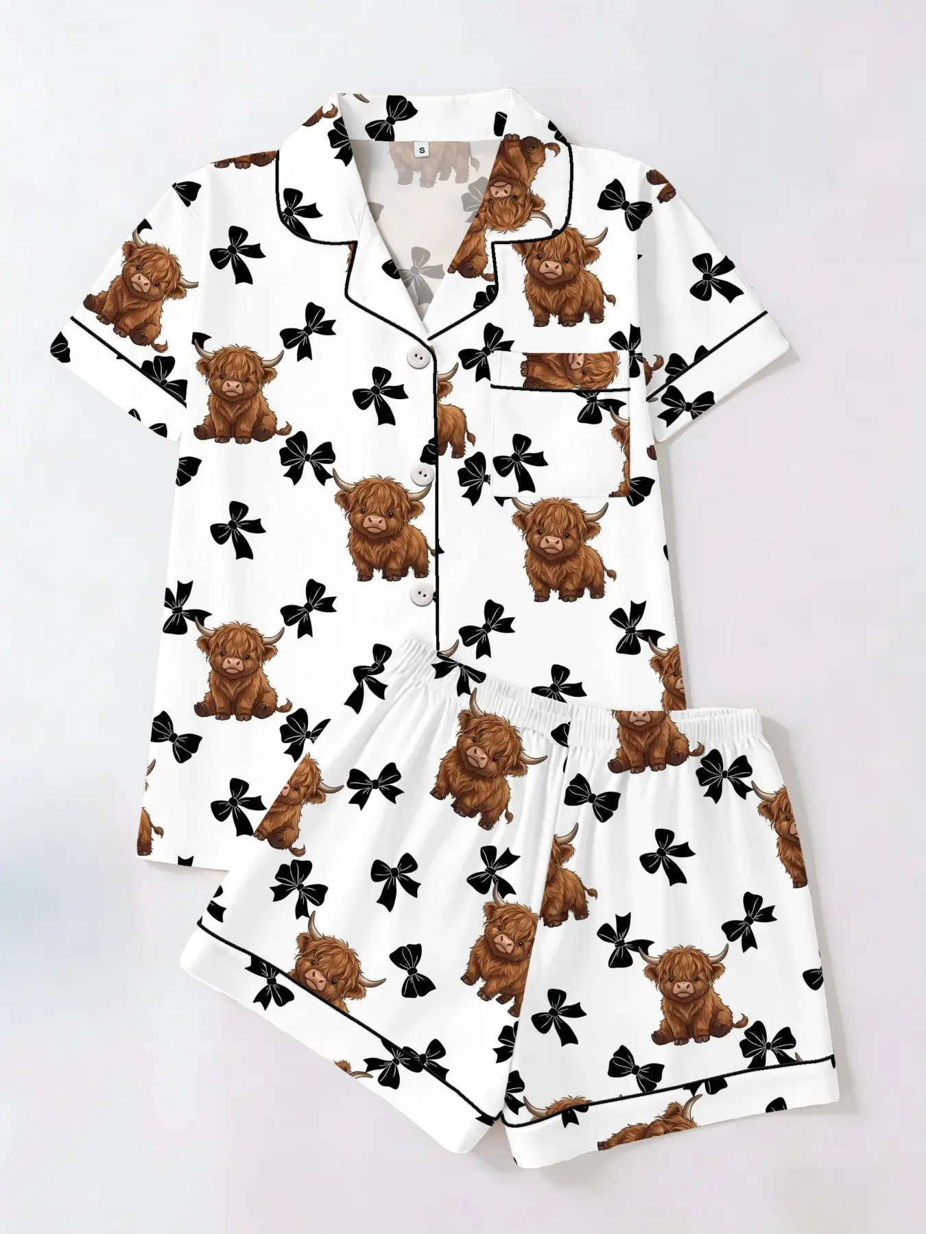 Spring Summer Women's Sleepwear Set Pajama Pjs, Open Front Lapel Short Sleeve Shorts, Highland Cow Theme Print, Casual Homewear Loungewear