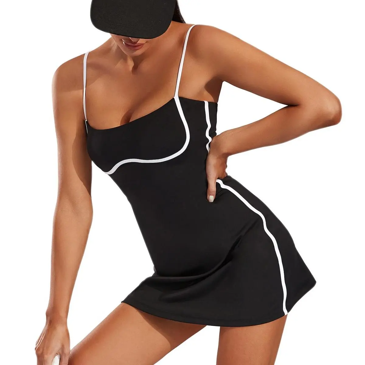 Female Square Neck Tennis Athletic Dress, Sleeveless Athleisure Workout & Golf Outfit with Built-in Shorts, Pockets & Removable Bra, Athleisure Workout Dress