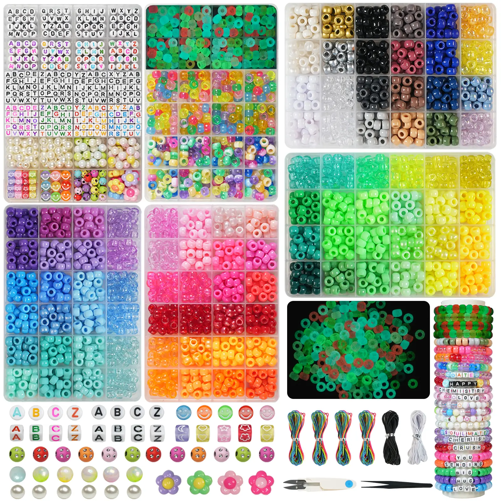 Jewelry Making Kit - 6 Boxes with 110 Vibrant Colors Pony Beads (4400Pcs), Glow-in-the-Dark & 2-Tone Beads, Charms, Block Letter & Colorful Strands Assortments, DIY Friendship Bracelet Supplies, Gifts for Girls Ages 6-12, Block Letter & Bead Assortments