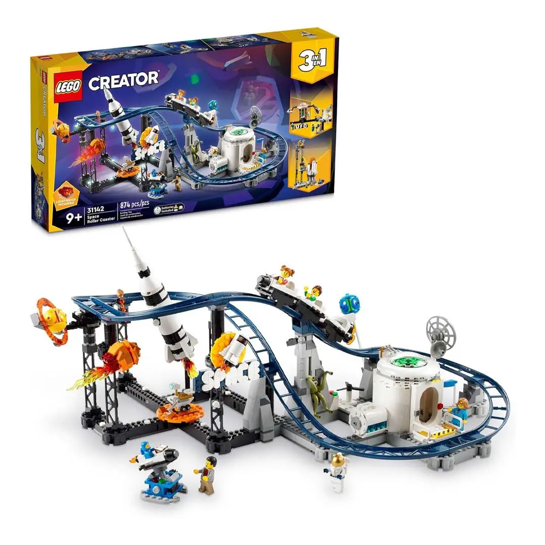 LEGO Creator 3 in 1 Space Roller Coaster Building Block Kit (31142) - DIY Playset with Plummeting Drop Tower, Spinning Carousel Action, Winding Coaster Track for Young Space Fans