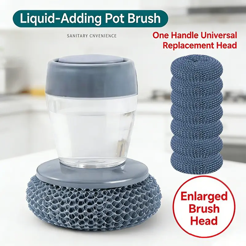 Comfort Handle Automatic Liquid-Filling Plastic Soap Dispensing Palm Brush - Sponge-Integrated Home Cleaning Tool, Cleaning Supplies with Squeegee, Removable Washable for Sink Area Tough Stain Grease Removal, Comfortable