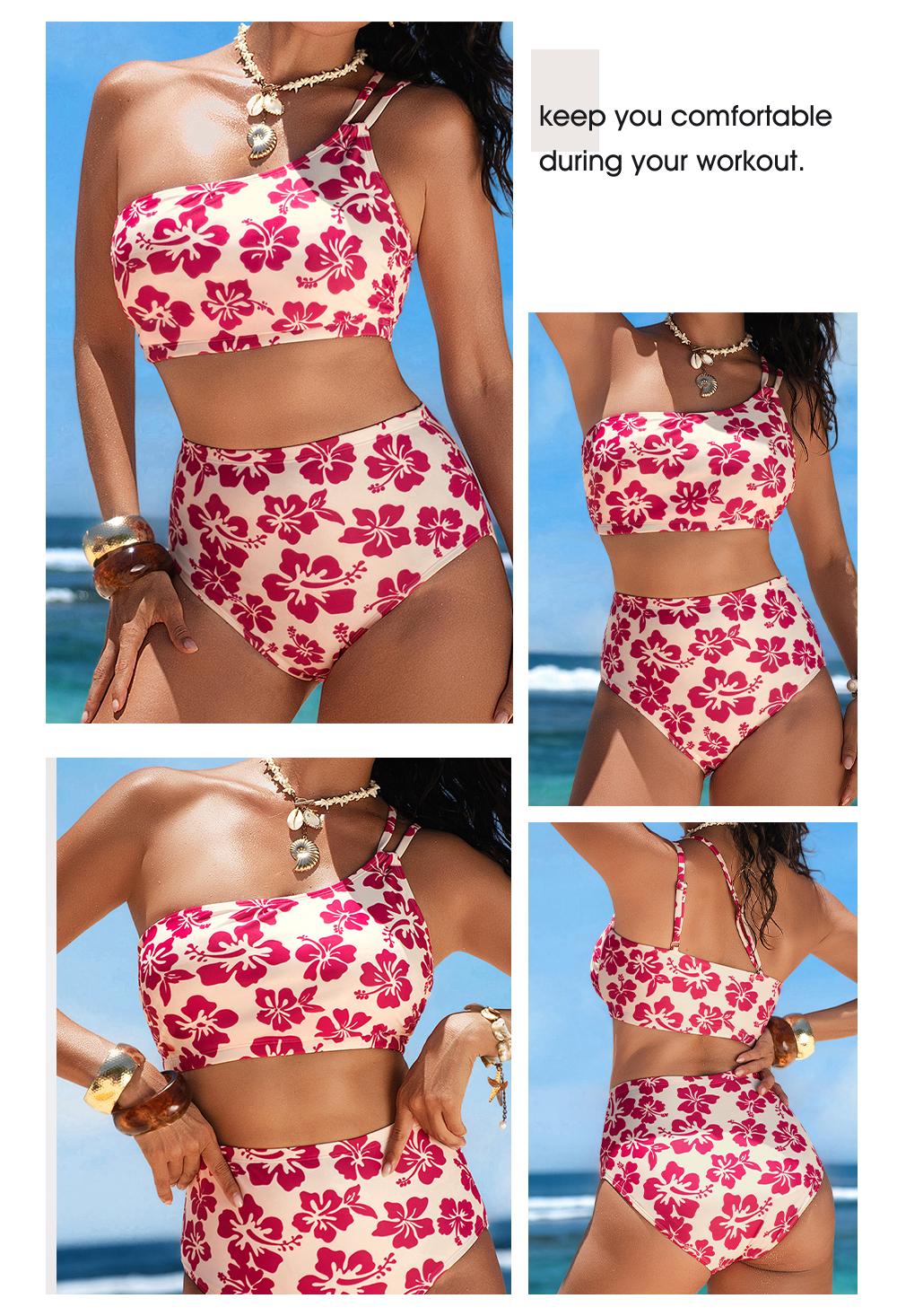 Aleumdr Women's High Waisted Bikini Sets One Shoulder Floral Print Swimsuits 2 Piece Tummy Control Bathing Suits SpringStatements
