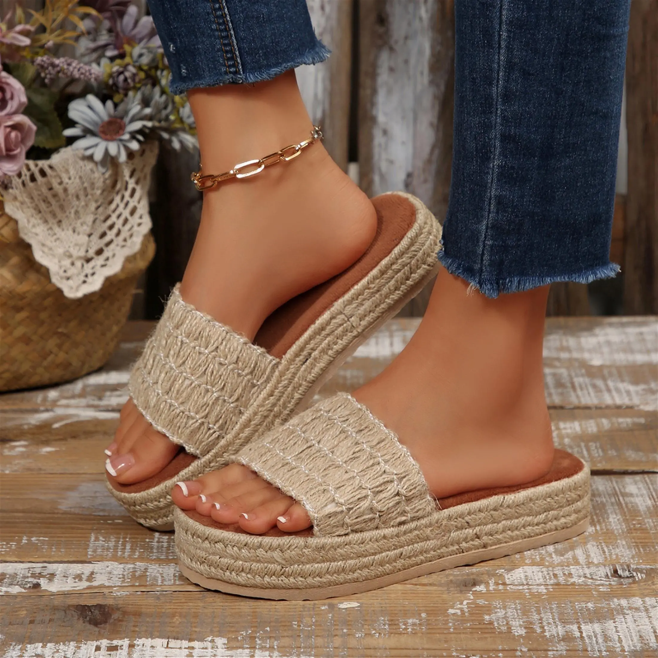 Bohemian Style Woven Platform Slides for Women Comfortable Casual Summer Indoor Outdoor Shoes Springfresh